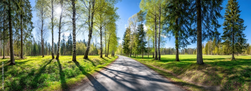 Obraz premium Scenic Road Through Green Forest With Sunlight And Blue Sky In Spring Season Nature Landscape With Trees And Grass On Sunny Day Panorama View