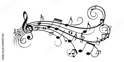 Music notes wave with curves, swirls vector illustration. waves of musical notes and songs 