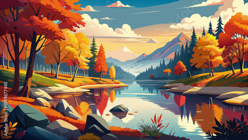 Very beautiful panoramic autumn scene beside a northern lake, showcasing brilliant orange, red, yellow, and green foliage reflected in still water, creating a vibrant and serene seasonal landscape.