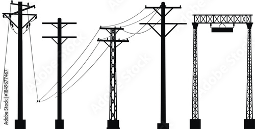 Electric utility poles and power line structures silhouette, transmission towers and industrial electricity infrastructure design, high voltage energy distribution concept illustration.