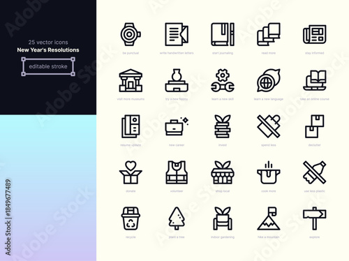 New Year’s Resolutions Line Icons – Personal Growth, Learning & Lifestyle. Editable stroke vector icon pack.