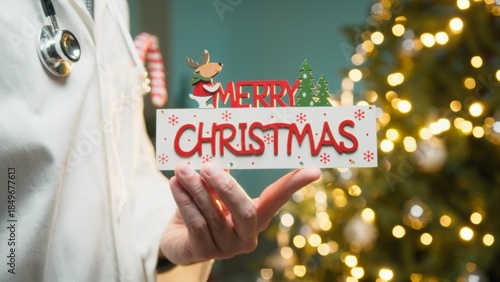 Merry Christmas Text From an Anonymous Doctor in Hospital in Front of the Tree