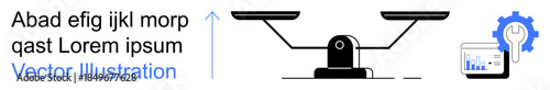 Business strategy, decision-making, optimization, analytics, data management, workflow efficiency. Balance scale with a gear and chart symbol. Decision-making and optimization concepts