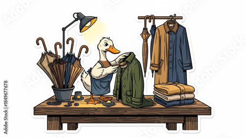 Duck Shop Owner Waxing Vintage Raincoat