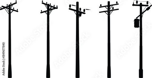 Electric utility poles with power lines, electricity distribution system, energy infrastructure, urban communication network, and industrial electric transmission connection structure.