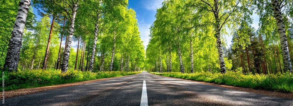 Obraz premium Scenic Asphalt Road Through Birch Tree Forest With Sunlight And Blue Sky Summer Landscape Travel Photography Outdoor Nature Background Scenic Drive