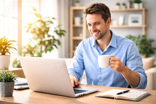 Remote Work & Coffee: A focused professional, bathed in natural light, immersed in work on a laptop with a warm cup of coffee in hand, embodying the essence of productive remote work.