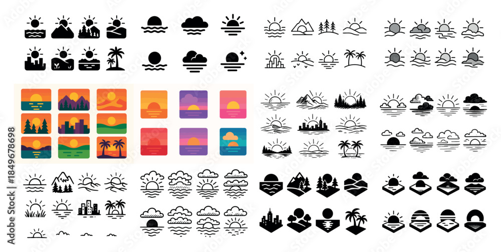 Obraz premium Sunset and nature icon collection