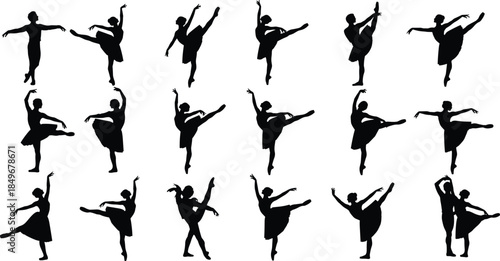 Elegant ballet dancer silhouette collection featuring classical dance poses, graceful artistic movement, expressive choreography, and black figure design on white background
