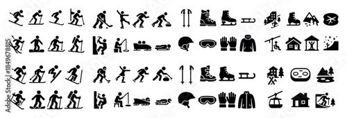 Winter sports and equipment icons set
