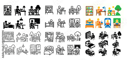 Icon set of diverse study and work scenes
