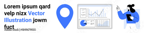 Location pin, data charts, and a female figure analyzing using a tablet. Ideal for analytics, statistics, business insights, data science, location-based services, app design simple landing page