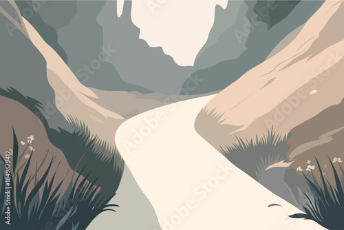 Country road leading through rolling hills to small house at sunrise, modern flat vector landscape illustration of peaceful countryside, travel escape and slow rural life