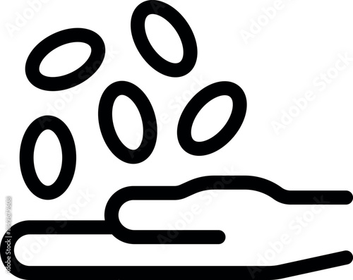 Open hand receiving five falling objects, simple black and white line art icon