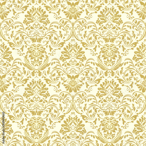 This elegant gold  damask pattern features intricate floral and ornamental details, perfect for fabric pattern, wallpaper, textiles, branding, luxury packaging, wedding invitations, and decor.