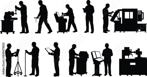 Engineering silhouettes with microscope, calipers, computers, machinery, industrial workers in hard hats, manufacturing laboratory illustration, STEM career artwork design