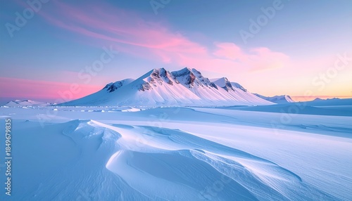 Snowy arctic landscape under pink and blue sunset, with jagged mountain