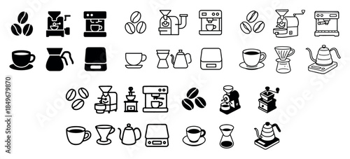 Coffee equipment icons and beans
