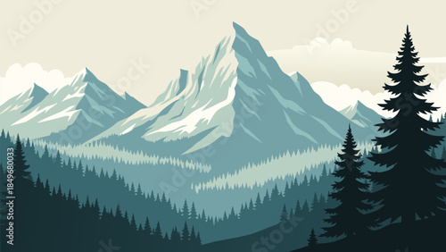 Majestic vector mountain landscape with towering snow-apped peaks and evergreen forests under a vast, tranquil sky, capturing serene wilderness beauty