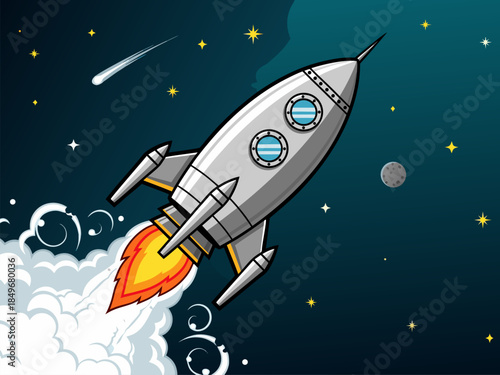 Dynamic cartoon rocket ship soaring through the vast expanse of space, symbolizing ambitious projects, innovation, and cosmic exploration