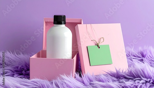 White bottle in pink box on purple fur, with green tag