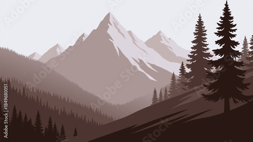 Minimalist illustration of a vast mountain range with towering pine forests in a serene, stylized landscape, depicting natural beauty and tranquility