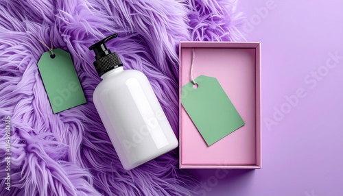 White bottle, green tags, pink box on purple fur