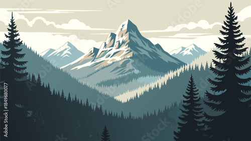 Panoramic outdoor scene showcasing majestic snow-capped mountain peaks rising above a dense pine forest valley, rendered in a modern vector art style