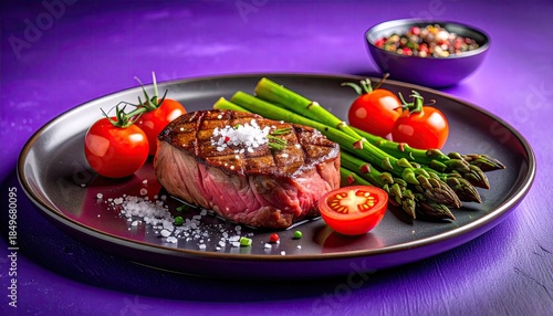 Grilled steak with vegetables artfully arranged on a plate