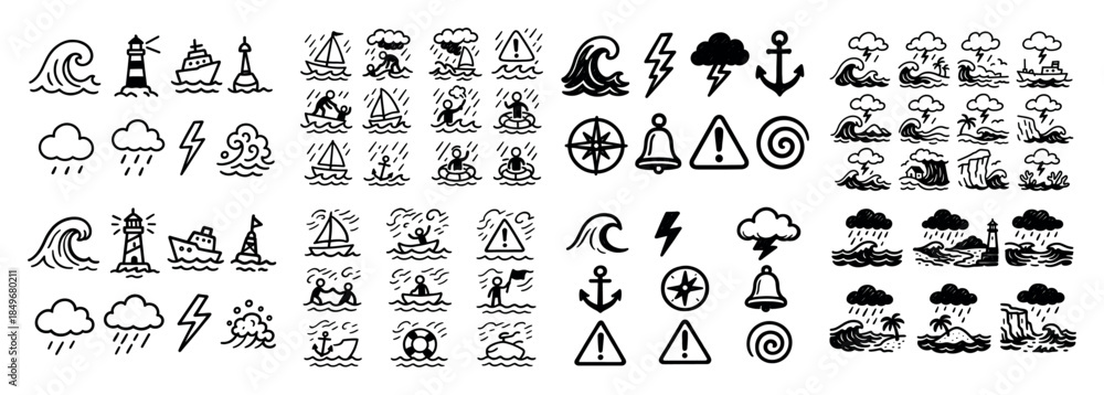 Naklejka premium Nautical symbols and weather icons