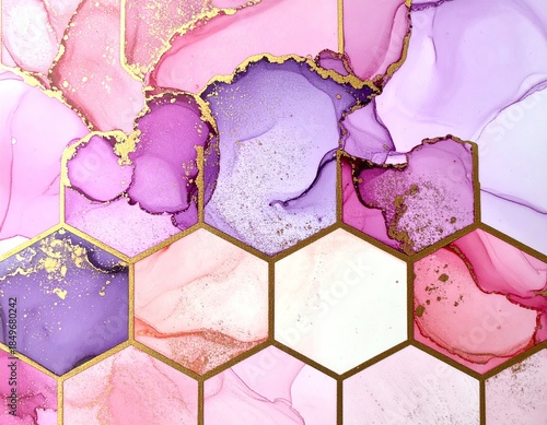 Abstract hexagonal art with flowing inks, gold accents, and a soft palette