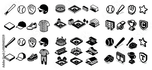 Black and white baseball icons set