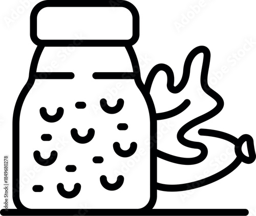 Glass jar with pickled sausages and oak leaf branch, symbolizing traditional food preservation methods for winter