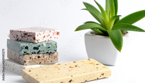 Colorful stone samples stacked near potted green plant on a white background