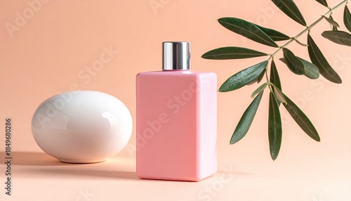 Pink bottle, sphere, olive branch on peach. Minimalist design