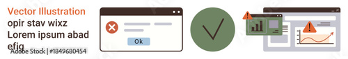 Data analysis, software errors, success confirmation, business reports, cybersecurity, user interface design. Error popup with ok button, checkmark indicator analytics dashboard. Software errors