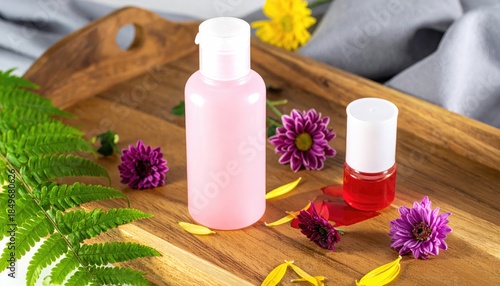 Two cosmetic bottles with florals and greenery on a wooden tray