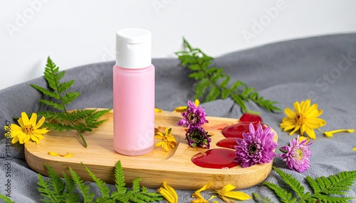 Pink bottle on wood, surrounded by flowers, leaves, and liquid on cloth