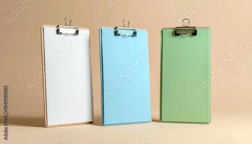 Three clipboards, each with a different color back, sit against a tan backdrop