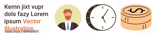 Time management, business planning, financial strategies, corporate concepts, productivity tools, workflow management. A businessman avatar, a clock and stacked coins. Time management and business