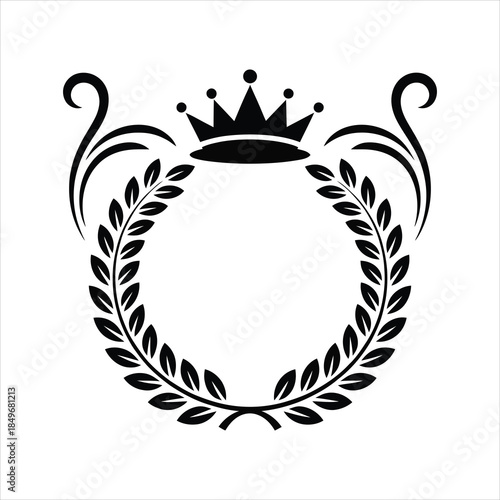 Decorative circular laurel wreath surrounds a regal crown against a transparent backdrop