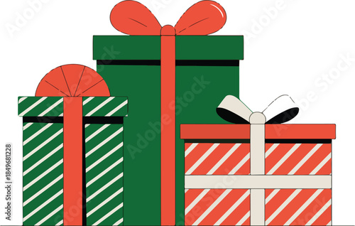 Stack of Three Wrapped Christmas Gifts with Festive Ribbons and Bows