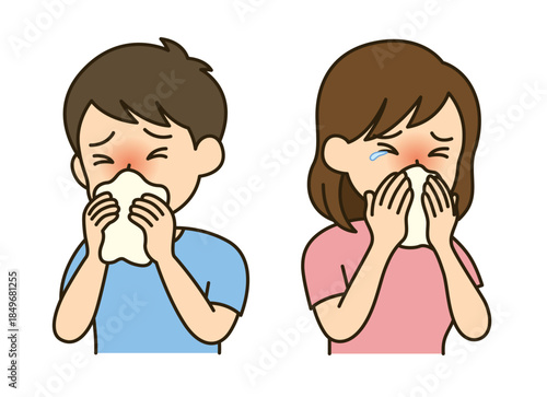 鼻をかむ男女のイラスト｜風邪・花粉症・アレルギー症状