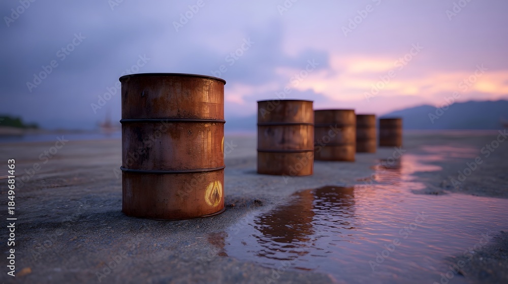 Naklejka premium Rusty barrels sit on a sandy shore at twilight reflecting in shallow water