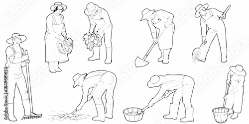 Line art illustration depicting farmers working in various gardening poses