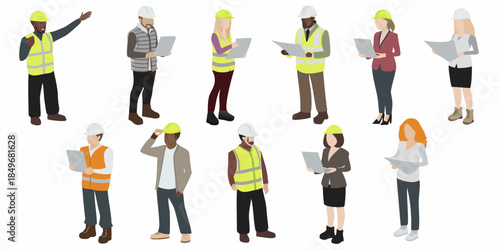 Diverse construction team reviewing plans and collaborating on a project site