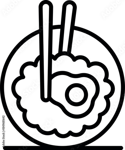 Chopsticks picking up asian food with rice and fried egg in a bowl, simple line icon
