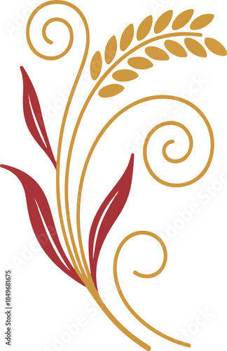Stylized Wheat Stalk with Elegant Golden and Red Swirls