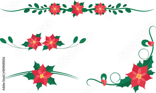 Set of Elegant Poinsettia Floral Borders and Decorative Dividers