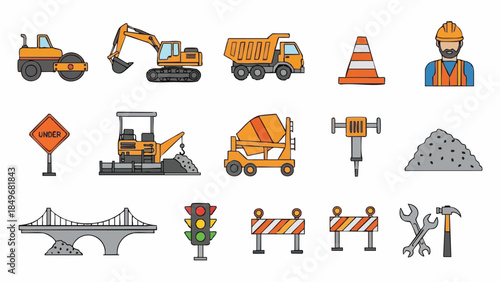 Construction icons set with vehicles and tools.